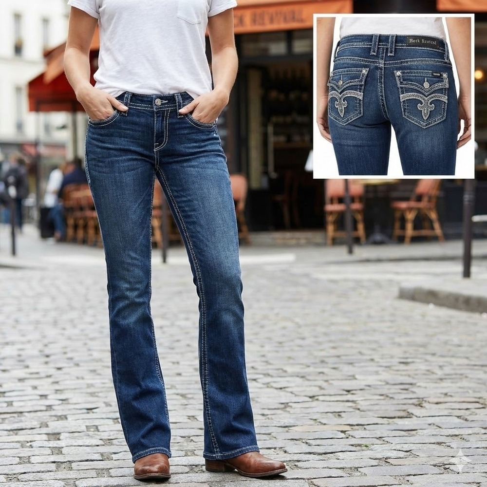 Rock Revival Jeans Women's 29 Debbie‎ Boot Cut Dark Wash Rhinestone Flap Pocket